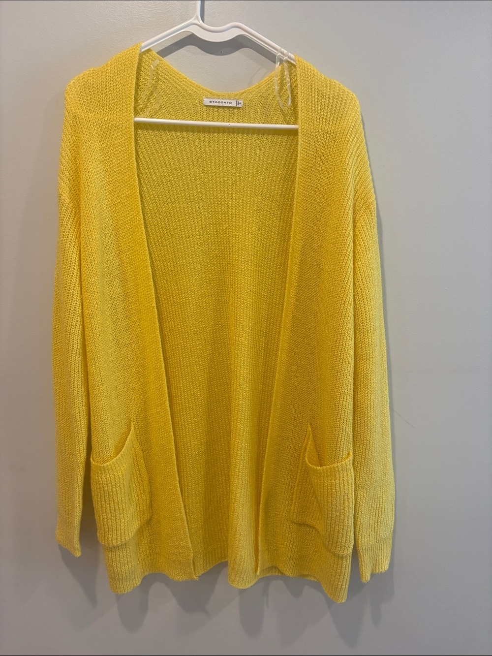 Staccato Bright Yellow Open-Front Knit Cardigan ptp 17 unstretched length 32